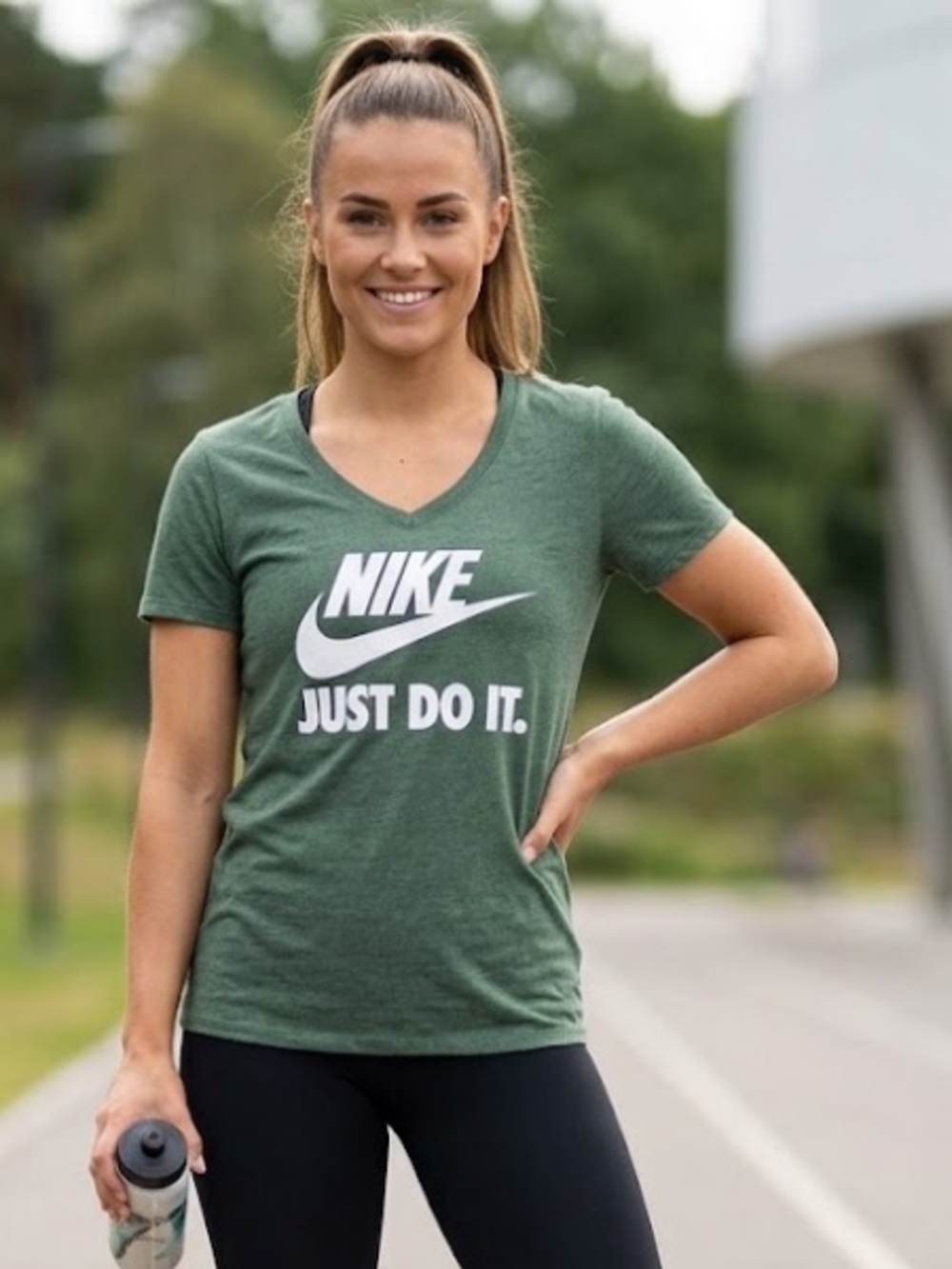 Nike Women's Green V-Neck 'Just Do It.' Logo Tee